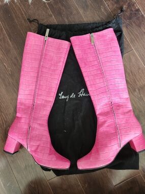 Hot Pink Croc-Embossed Knee Boots - Terry de Havilland